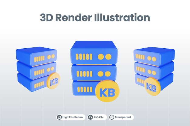 Icono de servidor de base de datos de procesamiento 3d con icono de kilobyte aislado