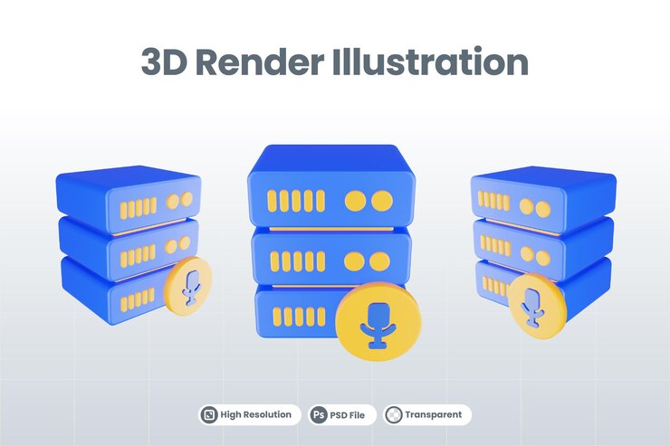 PSD icono de servidor de base de datos de procesamiento 3d con icono de micrófono aislado