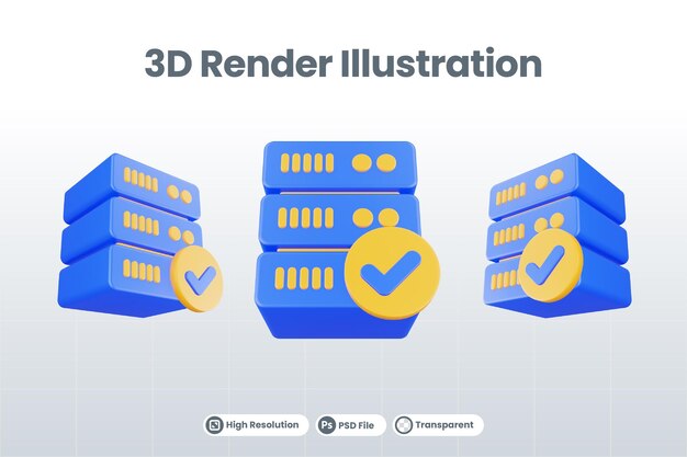 Icono de servidor de base de datos de procesamiento 3d con icono de verificación aislado