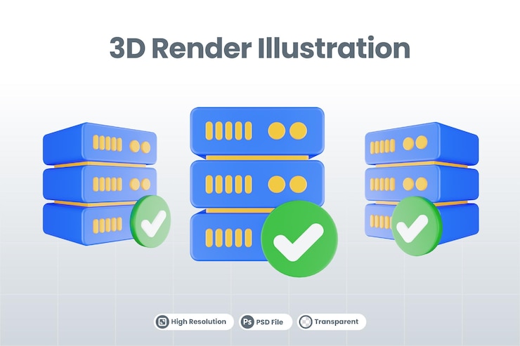 PSD icono de servidor de base de datos de procesamiento 3d con icono de verificación aislado
