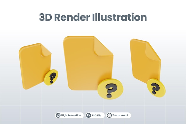 Icono de signo de interrogación de archivo de representación 3d con papel de archivo naranja y signo de interrogación amarillo