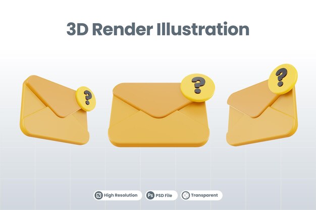 icono de signo de interrogación de correo de procesamiento 3d con correo naranja y signo de interrogación amarillo