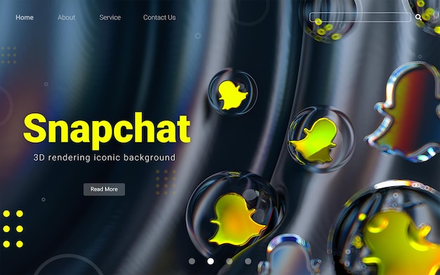 Icono de Snapchat dentro de formas geométricas de vidrio burbuja sobre fondo oscuro abstracto colorido 3D Render