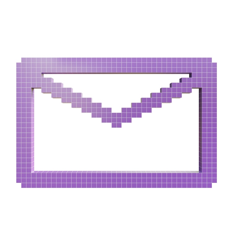 PSD el icono del sobre 3d púrpura, el icono 3d png, los íconos de píxeles del paquete, la colección retro voxel.