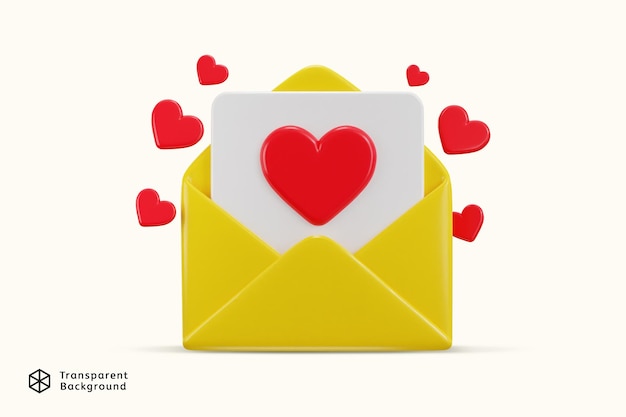 icono de sobre de correo con notificación de corazón rojo nuevo mensaje amor último icono renderizado en 3D
