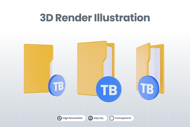 icono de terabyte de carpeta de procesamiento 3d con carpeta de archivo naranja y terabyte azul