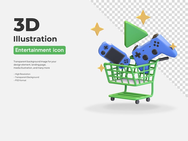 Icono de tienda de juegos con símbolo de juego, entretenimiento, ilustración de render 3d