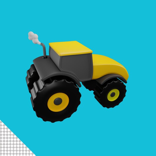 icono de tractor 3d con parte superior negra y ruedas amarillas sobre fondo azul