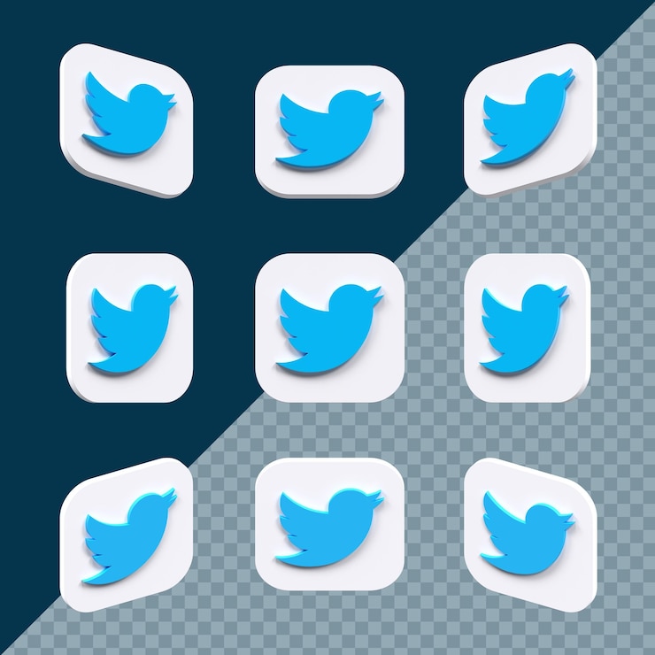 PSD icono de twitter 3d cuadrado moderno establecido en diferentes ángulos aislados