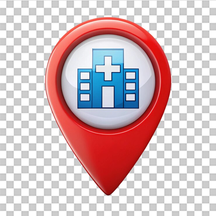 PSD ícono de ubicación del centro del hospital aislado en un fondo transparente