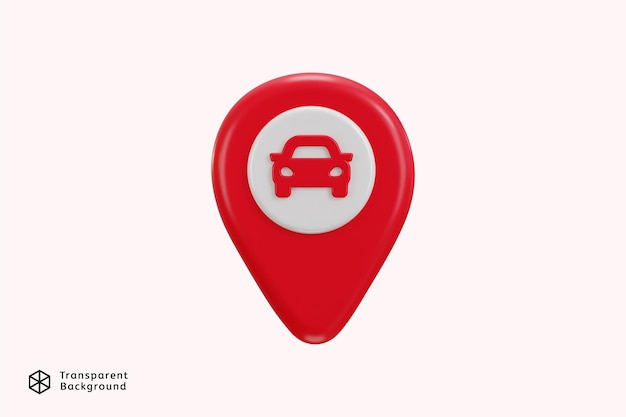 icono de ubicación con un concepto de automóvil de punto de recogida de automóviles o icono de localización de automóviles renderización 3D