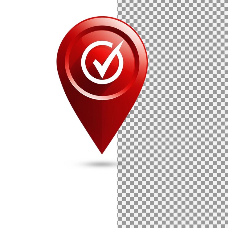 un icono de ubicación rojo con una marca de comprobación en él