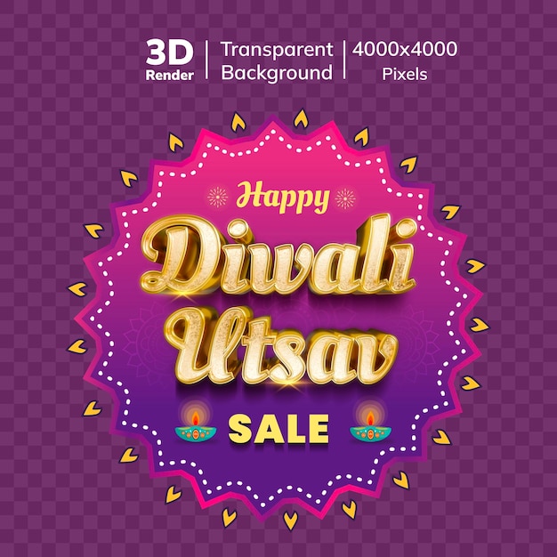 Icono de venta de Diwali Utsav renderizado en 3D con texto dorado brillante y lámparas festivas