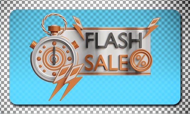 Icono de venta flash 3D con cronómetro y letrero de venta flash en fondo transparente