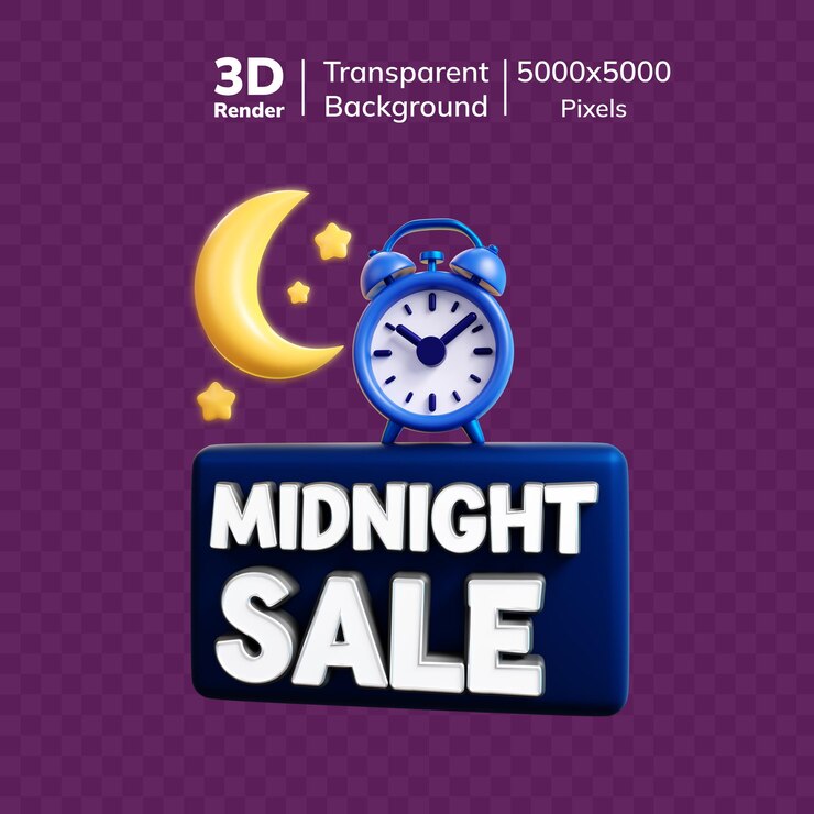 PSD icono de venta a medianoche en 3d con luna y estrellas de reloj para promociones especiales ilustración renderizada en 3d