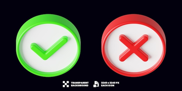 Icono de verificación y cruz 3D