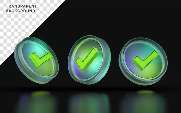 Icono de verificación de morfismo de vidrio ángulo de tres vistas luz de degradado de colores sobre fondo oscuro 3d render