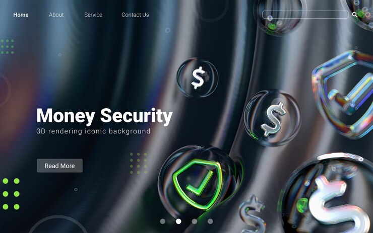 PSD icono de verificación de seguridad de dinero dentro de burbujas de formas geométricas sobre fondo oscuro abstracto 3d render
