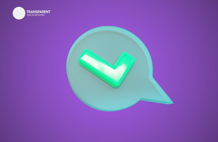 PSD un ícono de verificación verde en una burbuja de diálogo púrpura.
