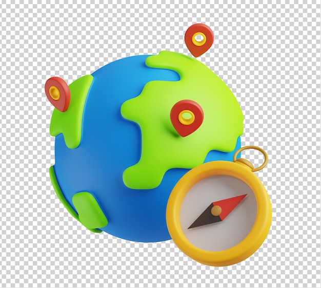 Icono de viaje 3D Render ilustración de globo con punteros y brújula aislado