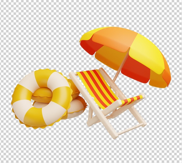 Icono de viaje 3d render ilustración de silla de playa sombrilla sombrilla y anillo de natación aislado