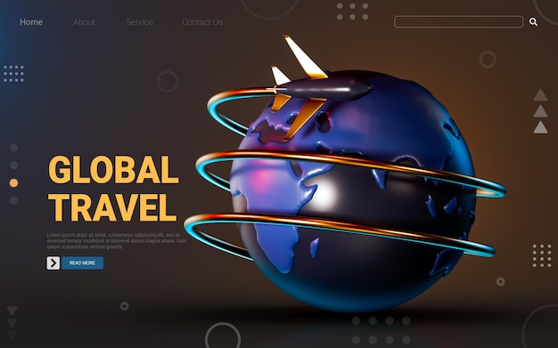 Icono de viaje global sobre fondo oscuro 3d render concepto para gira en el mundo del agujero diferente lugar