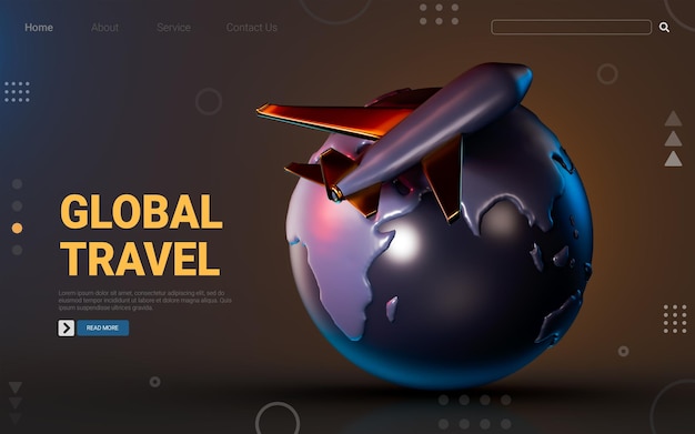 Icono de viaje global sobre fondo oscuro concepto de presentación 3d para recorrer diferentes lugares del mundo