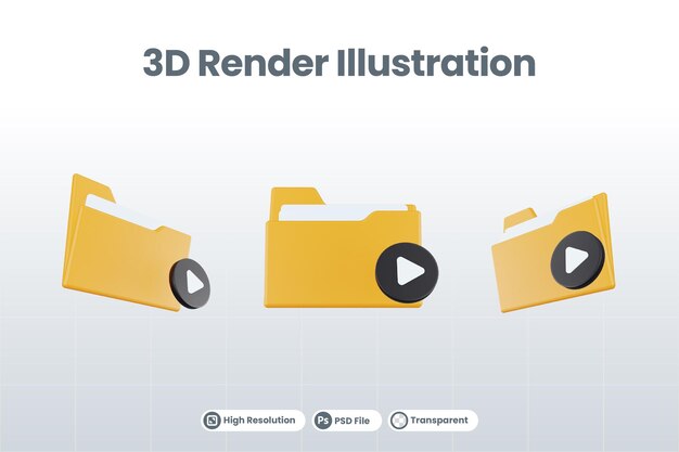 Ícono de video de carpeta de procesamiento 3d con carpeta de archivo naranja y video negro