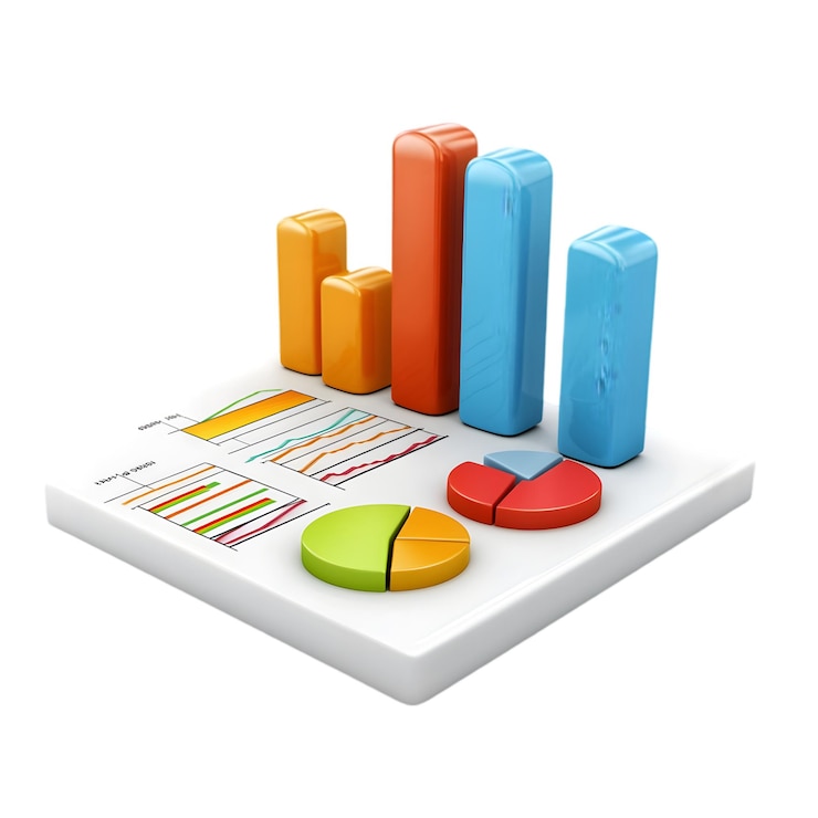 PSD icono de visualización de datos empresariales 3d cuadros de barras y líneas de color para análisis e informes