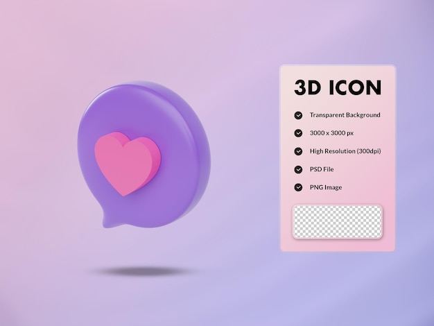 Icono de voz de burbuja 3D con signo de amor. ilustración de procesamiento 3d