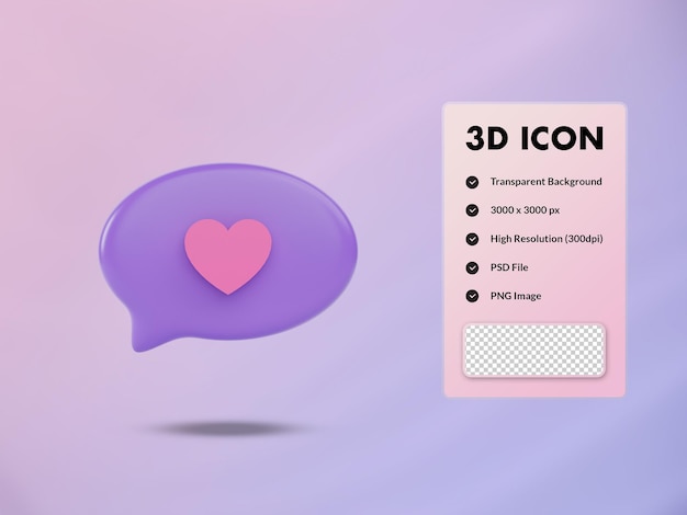 Icono de voz de burbuja 3d con signo de amor. ilustración de procesamiento 3d