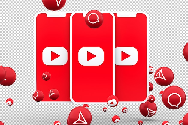 Icono de youtube en la pantalla del teléfono inteligente y reacciones de youtube aman el render 3d de emoji