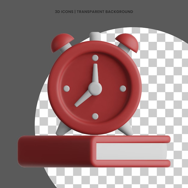 Iconos 3D Alarma roja en el libro que indica la gestión del tiempo de estudio