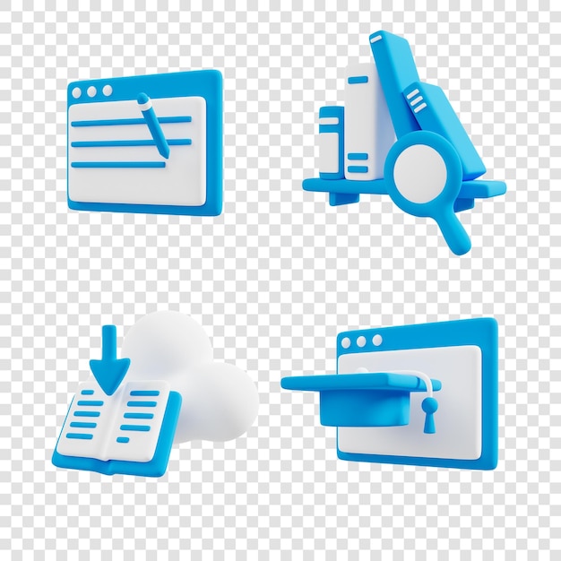 Iconos 3d relacionados con el aprendizaje y la educación en línea.