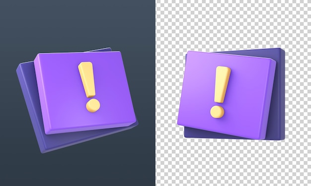 Iconos de advertencia de signo de exclamación púrpura amarillo 3d para diseños de anuncios de redes sociales de aplicaciones móviles web UI UX