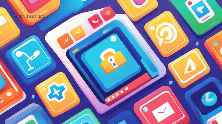 PSD iconos de aplicaciones coloridas con un icono central de bloqueo de seguridad que representa la seguridad digital y el desarrollo de aplicaciones
