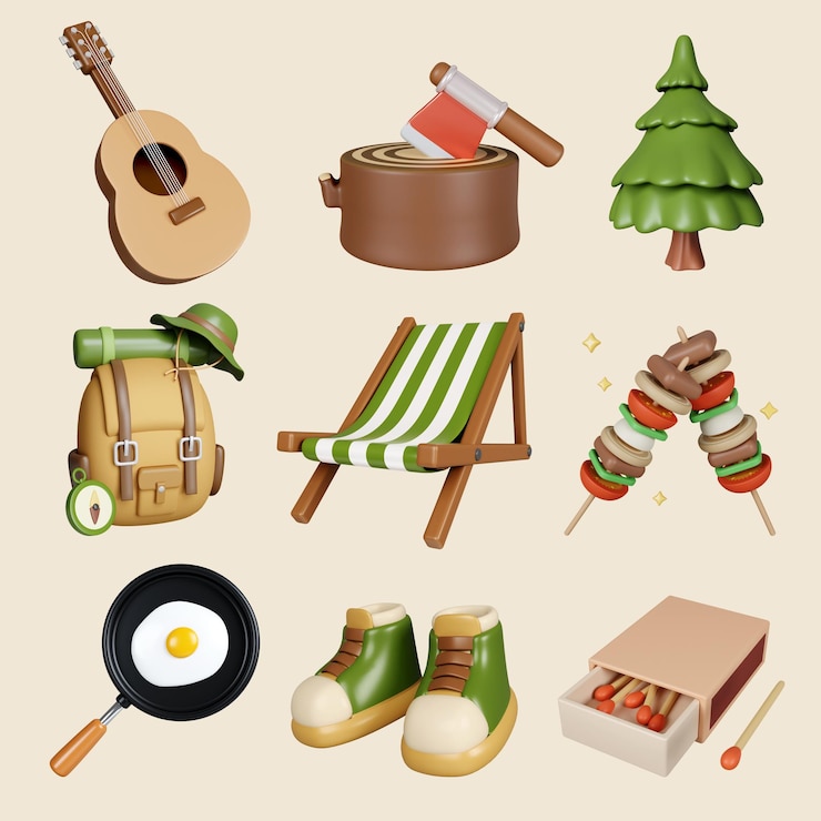 PSD iconos de aventuras de acampada que ilustran diversión y actividades al aire libre ilustración de renderización 3d