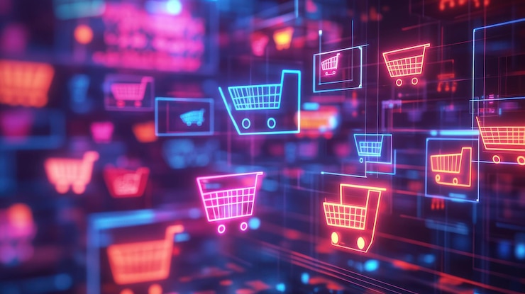 PSD iconos de carrito de compras de neón en pantalla digital que representan compras en línea y comercio electrónico