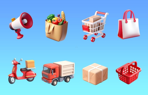 Iconos de compras representación 3d de carritos de compras bolsas de compras entrega de megáfonos ilustración 3d