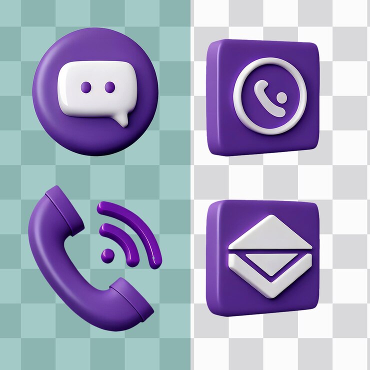 Iconos de comunicación renderizados en 3D en púrpura