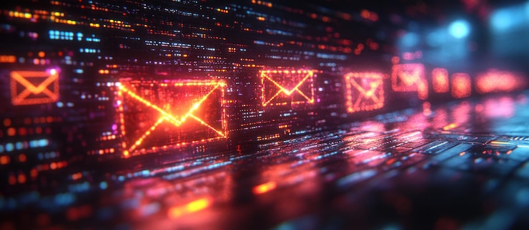 PSD iconos de correo electrónico rojos brillantes en un fondo digital futurista oscuro