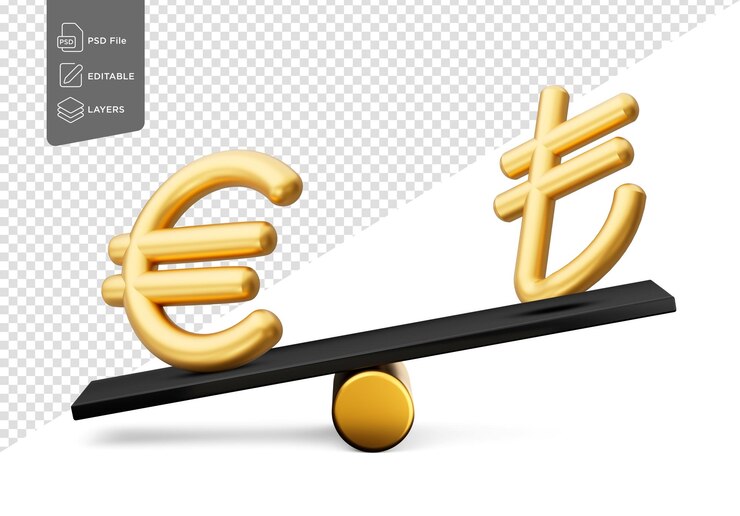 PSD iconos dorados del símbolo del euro y la lira con balanza negra y balanza en 3d
