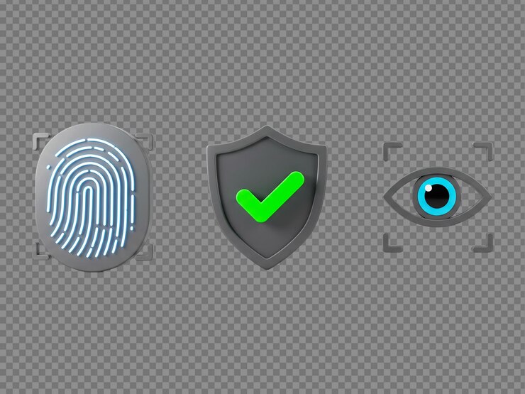 PSD iconos de escudo de huellas dactilares y escaneo ocular en el tema de seguridad de fondo transparente