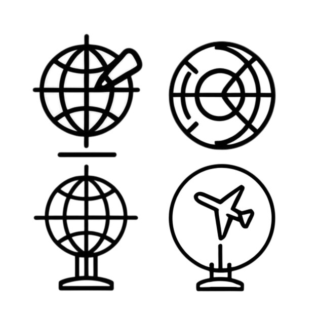 Iconos de globo y avión que representan la navegación global de viajes y ubicaciones