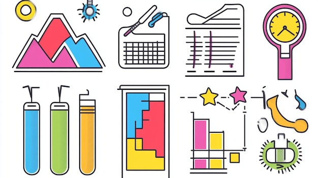 Iconos infográficos coloridos que representan la investigación y el progreso del análisis de datos