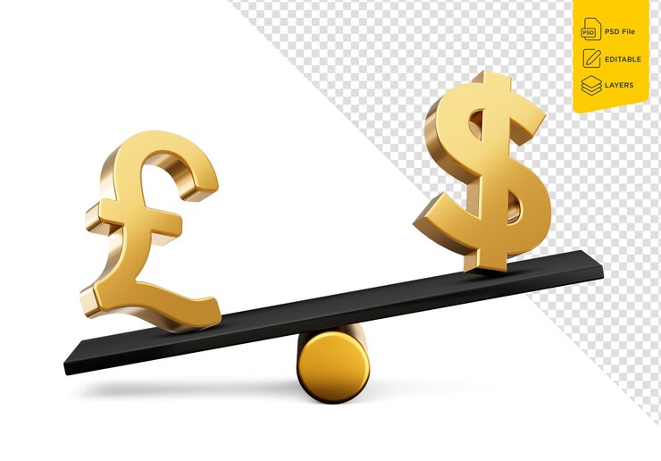 PSD iconos de la libra dorada y el símbolo del dólar con peso de balanza negra seesaw ilustración 3d