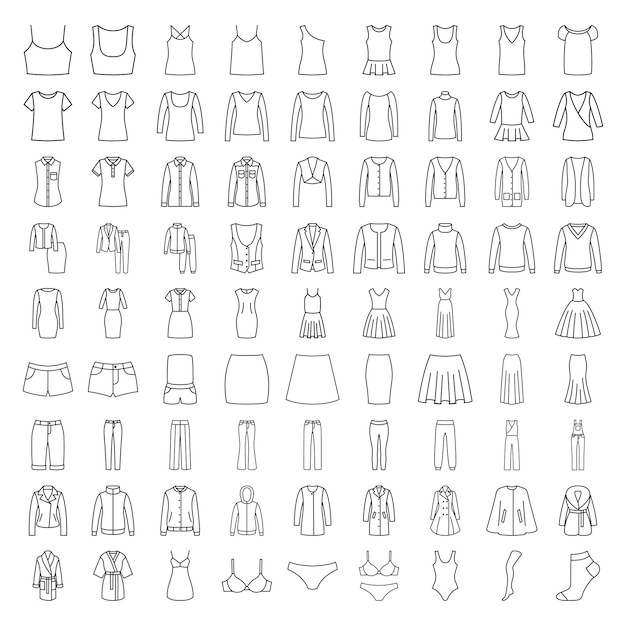 Los iconos de la línea mujeres ropa de moda aislados