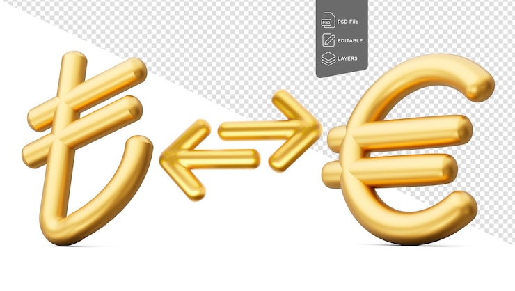 PSD iconos de la lira dorada y el símbolo del euro con flechas de cambio de dinero en fondo blanco ilustración 3d