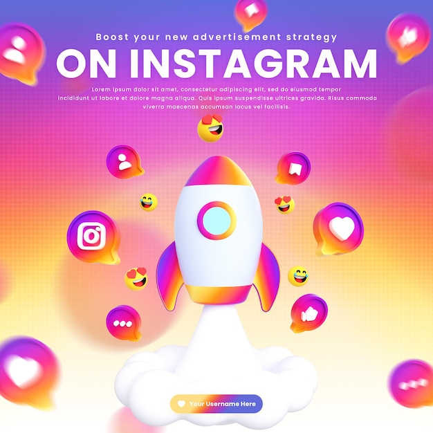 Íconos y logotipos de instagram alrededor del cohete 3d para redes sociales y plantilla de publicación en redes sociales