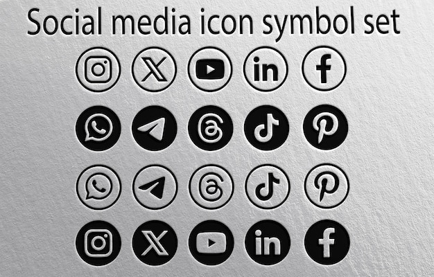 Los íconos modernos de las redes sociales se establecen en blanco y negro en gráficos de superficie texturizada